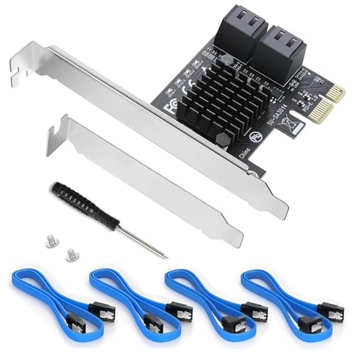 SATA Erweiterungskarte, 4-Port PCIe zu SATA 3.0 Adapter (6Gbps) - PCI-E SATA Controller mit Low-Profile Halterung - Inkl. 4 SATA-Kabel für HDD/SSD Upgrade, NAS, Non-RAID, Bootfähig als Systemdisk