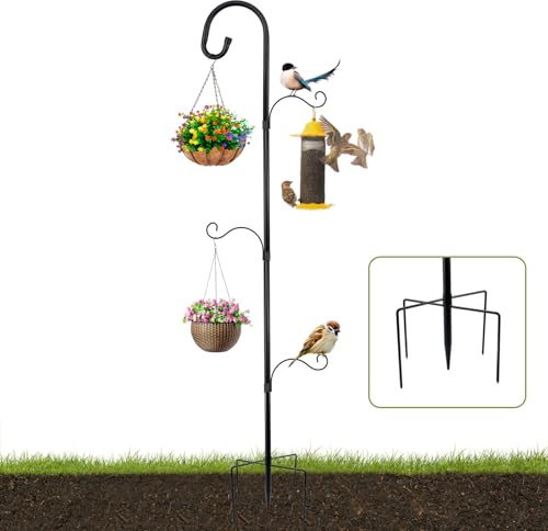 HWSWSH Bird Feeder Pole Stand,193cm Adjustable Feeding Station,Heavy Duty Metal Shepherds Crooks Hooks,Feeding Station with Finial and 3 Hooks,Bird Feeding Station for Outdoor Lanterns, Garden Basket