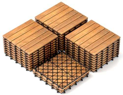 COSTWAY 27 Pcs Decking Tiles, 30 x 30cm Acacia Hardwood Interlocking Floor Tiles, Cuttable Deck Tile for Indoor Outdoor Patio Garden Balcony Pavement, Tools Free Assembly