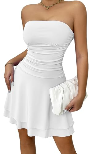 Adigau Mini abito da donna senza spalline sexy con spalle scoperte abiti corti da discoteca gonne da donna senza maniche gonna dimagrante estate comodo abiti plissettati XS-L, bianco, XS