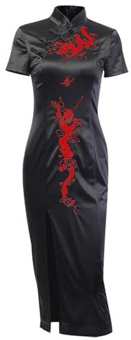 FDKLOOK Womens Cheongsam Qipao Dragon Embroidery Maxi Emo Dress Red XL