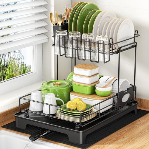 BKXCHA 2 Livelli Inox Scolapiatti da Lavello con Drenaggio Automatico, Scolapiatti da Appoggio con portabicchieri e portaposate e tappetino assorbente per piani di lavoro della cucina