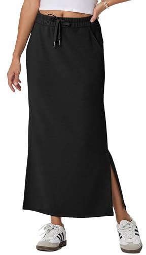 GRECERELLE Womens Maxi Thick Skirts Fall Winter Anti-Wrinkle Casual High Waisted Adjustable Drawstring Skirt with 2 Deep Pockets & Side Slit (Black, XXL)