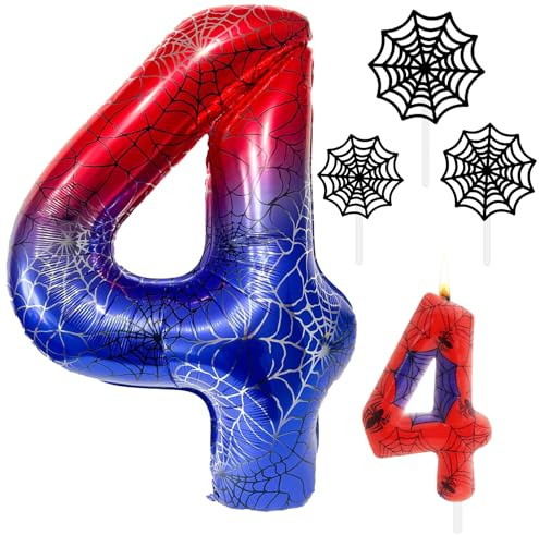 Decorazioni Compleanno Ragno 4 Anni, 40 Pollici Palloncino Numero 4 con Candela di Compleanno Numero 4 e Decorazione Torta Ragnatela, Decorazioni per Feste a Tema Ragno