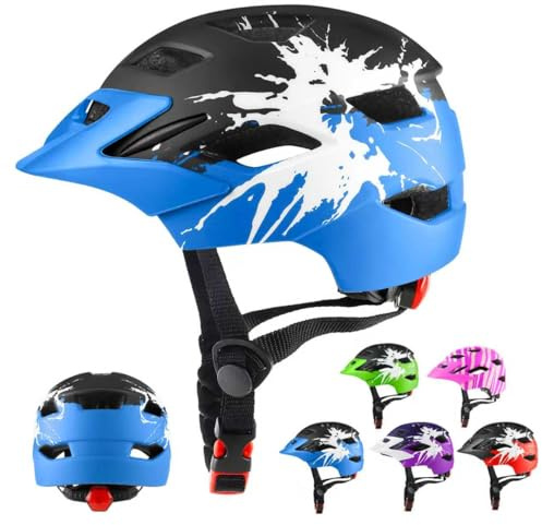 RaMokey Kids Helmet, Kids Bike Helmet for Boys Girls Age 5-14, Light Weight Cycling Helmet Mountain Bicycle Helmet with Taillight Adjustable Dial Removable Visor(50-56CM) (black blue)