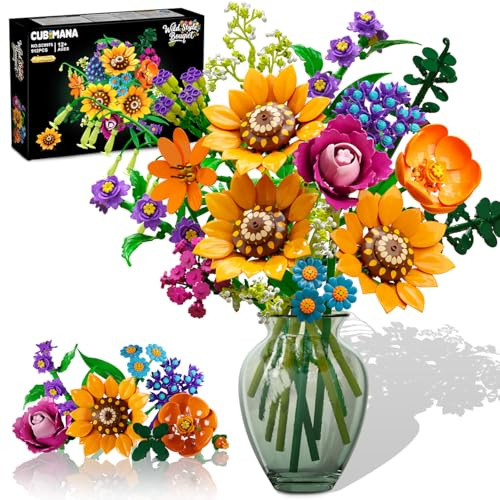 CUBIMANA Bouquet de fleurs sauvages avec lumières - Collection de 18 fleurs botaniques blocs de construction tournesol rose plantes décoration d'intérieur cadeau pour adultes femmes filles(912 pièces)