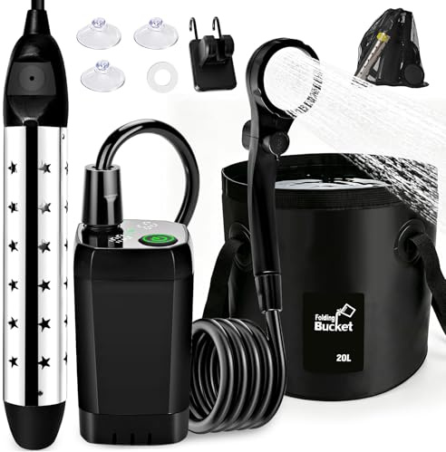 Libershine Ducha portátil de camping con bomba, 6000 mAh, ducha de camping con función de calefacción y cubo plegable de 20 l, batería de ducha de camping con indicador de temperatura para viajes al