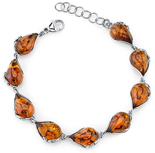 PEORA Genuine Baltic Amber Teardrop Tennis Bracelet for Women 925 Sterling Silver, Rich Cognac Color, 7 1/2 inches Length, Real Baltic Amber Bracelet for Adults, 100% Natural from Baltic Region