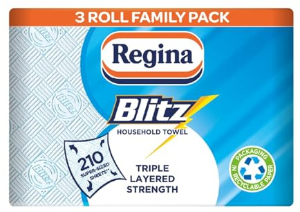 Regina Blitz Household Towels – 3 Triple Layered Rolls, 70 Sheets Per Roll, Paper Packaging, FSC Certified Paper, Recyclable Packaging, 60% Larger Than Standard Kitchen Roll Sheets