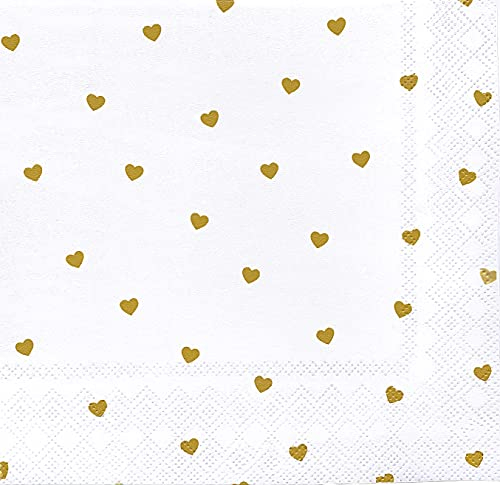 40 Servietten mit Herz in Gold - 3 lagig aus Papier in weiß - Hochzeits-Dekoration