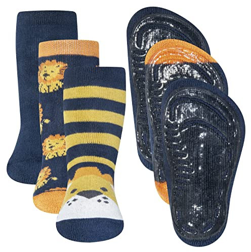 EWERS 3er-Pack Löwe Stoppersocken SoftStep, Socken mit Antirutschsohle für Jungen, Anti-Rutsch-Socken mit Gummisohle, MADE IN GERMANY, 3 Paar rutschfeste Kindersocken für Jungs, Größe 27-28