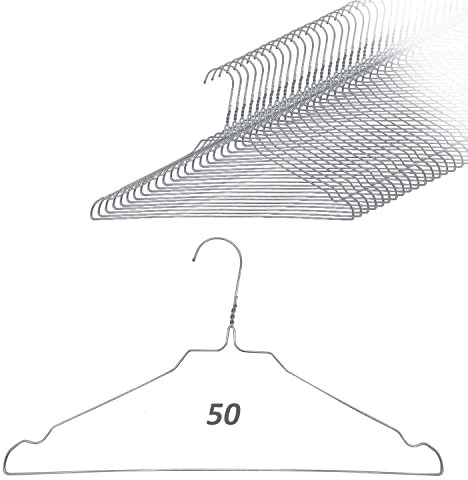 Quality-Collection Grucce Appendi Abiti Porta Abiti in Filo Metallico con Barra per Pantaloni e Tacche Rock, Set (50) Argento