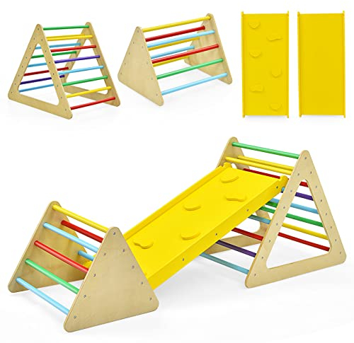 COSTWAY 3 en 1 Triangle d'escalade Montessori Enfants avec Rampe, 2 Échelle d'escalade Triangle en Bois pour Grimper, Charge Max 60KG, Utilisation Intérieur pour Enfants de 3 Ans+