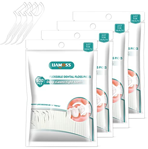 400 Count Dental Floss Picks-Tooth Picks Flossers for Adults-LIAMOSS No Break& No Shred Floss Sticks-Family Best Dental Oral Care Set(Pack of 4)