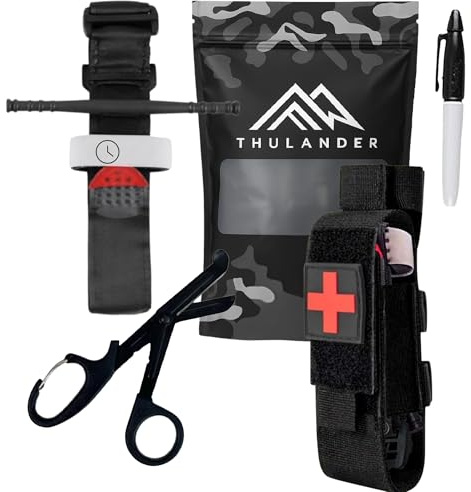 Pack Torniquete Táctico. 5 piezas (torniquete+funda+tijeras+boligrafo+parche) Kit supervivencia homologado hemorragias. Emergencias senderismo, militar, enfermero, policía Botiquín primeros auxilios