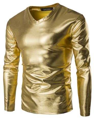 Camisas Metálicas para Hombre, Mangas Largas, Túnica Brillante con Aspecto Mojado para Ropa de Club, Cuello en V, Camiseta de Fiesta con Aspecto de Cuero Sólido, Blusa Superior, Jerseys Informales