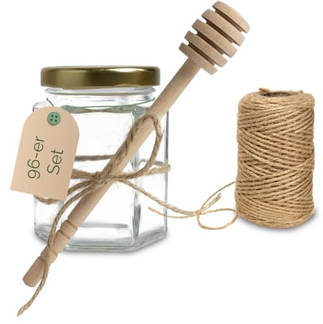 Apoidea – Set aus 96 Stück Honigglas 250g, Honiglöffel und Kordel/Honigglas mit Honiglöffel für kleine Gastgeschenke/Honiggläser, Honig Löffel & Juteschnur für Honig Geschenkset