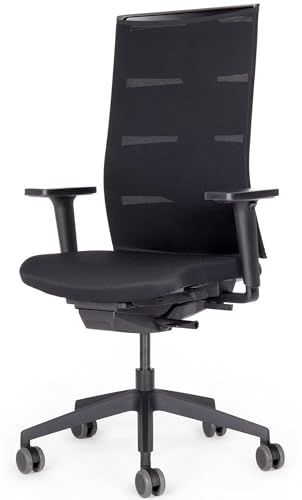 bümö SitzMeister Bürostuhl ergonomisch, Stoff & Netzbezug in schwarz - Ergonomischer Drehstuhl mit Rollen, Stuhl mit Armlehne, Synchronmechanik UVM. - Belastbarkeit 150 kg