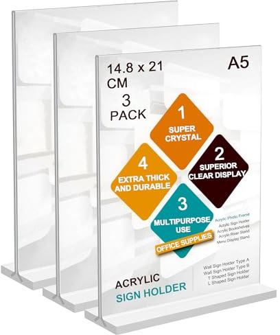 A5 Menu Holders, 3 Pack T-Shaped Acrylic Sign Holder Poster Display Stand | ROSSHINE Clear Double Side Display Stands Poster Holder for Office School Shop Restaurant Reception Desk
