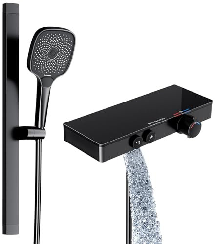 Rainsworth Duschsystem mit Thermostat und Glasablage Schwarz, Duscharmatur komplettset mit 3 Strahlarten Handbrause,60 cm Aluminium Duschstange, Duschset