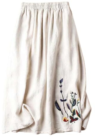 Gonna vintage floreale ricamata in cotone e lino da donna, estiva, linea ad A, gonna midi snella, versatile gonna svasata orologi da donna
