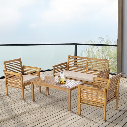 casa.pro Set Salottino per Esterno Mobili da Giardino Patio Terrazza Set Composto di Tavolo Divano e 2 Poltrone con Cuscini Arredo in Legno di Acacia
