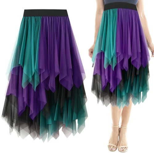 Damen Tüllrock, Asymmetrisch Röcke, Unregelmäßiges Mesh Faltenrock, Hohe Taille Midirock in A-Linie, Schwarz Lila Grün Rock Tüll Unterrock, Faltenrock Abschlussball Fasching Karneval Party