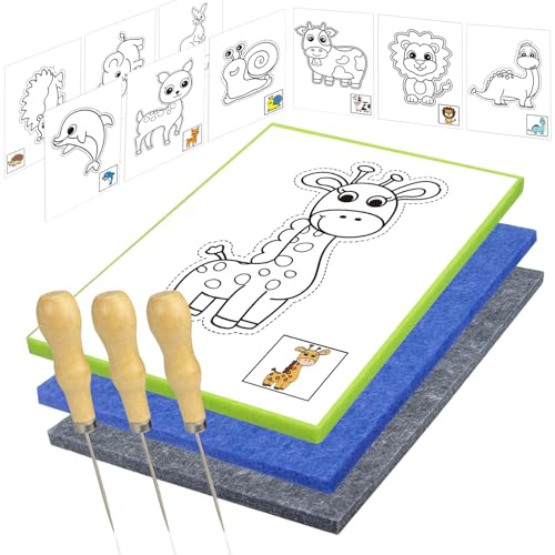 Lifuncren Kit Punteruolo e Tappetino per Bambini 20 x 15 cm con Feltro per Cucito e Creazioni Fai da Te (Tema Animali)