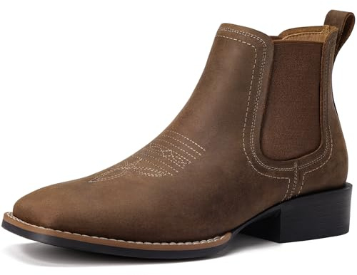 Choiran Western Cowboy Boots for Men - Mens Leather Square Toe Chelsea Boots Ankle Cowboy Boots for Men Casual Retro Stylish Boots Brown