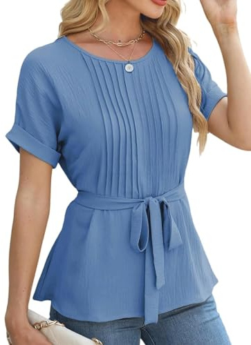 AGYMNX Camicetta da donna elegante a maniche corte top primavera estate da donna girocollo avvolgente camicia con volant in vita camicia casual t-shirt, Blu, XXL/3XL