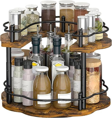 Yolispa Estantería para especias, 2 niveles de madera, plato giratorio para especias, estante para especias, estante para especias Lazy Susan, plato giratorio de cocina, armario organizador, 3 alturas
