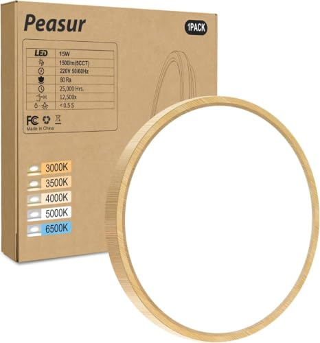 Peasur Bathroom Light, 3000K/3500K/4000K/5000K/6500K 5 Color Temperature LED Ceiling Light, 15W 1500LM,Waterproof, Round, Small, Modern, Flush Ceiling Light for Bathroom, Kitchen, Bedroom, Wood