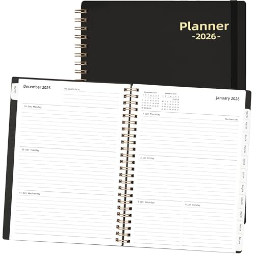 2026 Daily Planner, Jan.2026-Dec.2026, 6.2 x 8.4, 2026 Planner Weekly and Monthly, Calendar Planner 2026 with Tabs & Pocket, 100GSM Thick Paper, Black