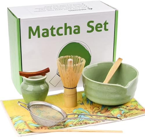 Yooyan 8-delat matcha-set med matchavisp, sil i rostfritt stål, skedhållare, matchaskål, keramisk mopphållare och 2 matchaskedar, designad för matchaälskare