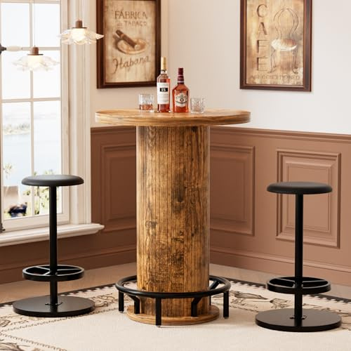 MSFE Tavolino Alto da Bar Rotondo Legno,Tavolo da Bistrot da 96cm di Altezza con Poggiapiedi in Metallo,Set da Piccolo Tavolo da Cocktail da Pub con 2 Sgabelli per Sala da Pranzo, Bar, Soggiorno