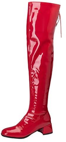 CuteFlats Stivali sopra il ginocchio da donna in vernice e tacco a blocco da 4,5 cm, chiusura lampo laterale, per palcoscenico e stili accattivanti, Colore: rosso, 34 EU