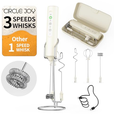 CIRCLE JOY Rechargeable Handheld Milk Frother Wand with Stand, 3 Variable Speeds, 3 Whisks and Storage Box, Electric Drink Mixer for Latte, Cappuccino, Hot Chocolate, Eggs and Protein Powder, Beige