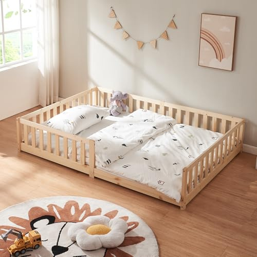 [en.casa] Kinderbett Tanna Bodenbett 140 x 200 cm Holzbett für Kinder mit Rausfallschutz Montessori Bettgestell mit Lattenrost Kiefernholz Natur