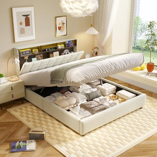 YubNct Letto Contenitore 140x200 cm con Pistoni a Gas, Velluto Beige LED TYPE-C, Testiera con 2 Ripiani, Ampio Spazio Portaoggetti, Senza Materasso