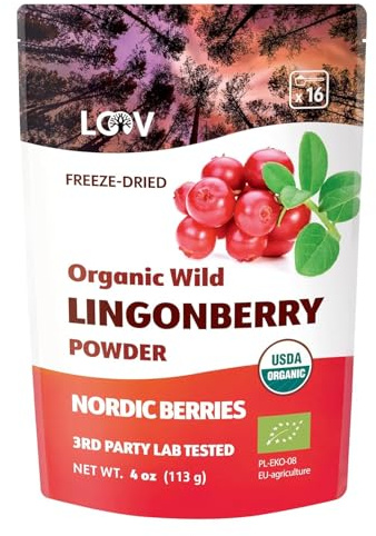 Polvo de arándano rojo silvestre escandinavo (lingonberry) orgánico LOOV, con arándanos 100% orgánicos liofilizados, recolectados en bosques del norte de Europa, 113 g, sin azúcar añadido