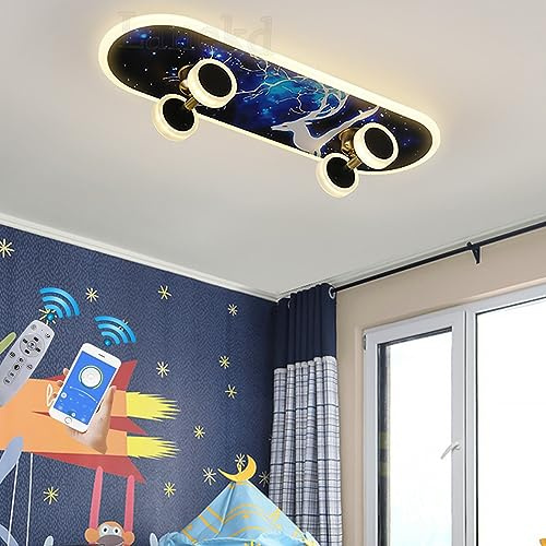 LED Ceiling Lights Skateboard Lamp Children's Room Bedroom Decor Ceiling Lamp Modern Dimmable with Remote Control APP Control RGB Kids Girls Boys Lamps Children Youth Room Hanging Light (A04)