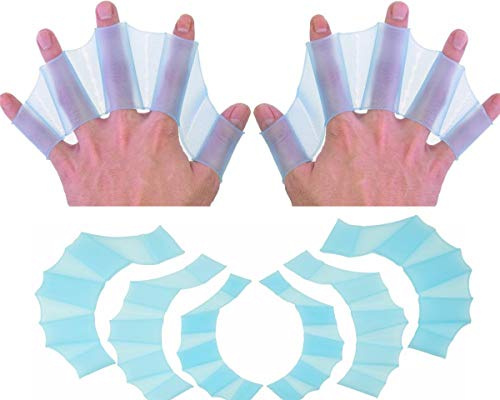 EXCEREY 2 Pair Silicone Swimming Gloves Finger Frog Type Webbed Aquatic Training Water Resistance Fitness Paddle Aerobics for Men Women Kids (Blue, Size S)
