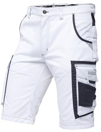 PUMA Workwear Precision X - Kurze Arbeitshose Herren - Robuste & Flexible Arbeitsshorts - Viele Taschen und Bequeme Passform - Ideal für Handwerk Heimwerk und Baugewerbe - Weiß/Anthrazit - Gr. 52
