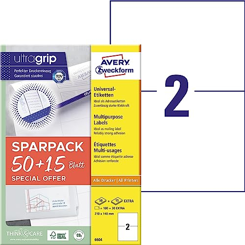 AVERY Zweckform 6604 Universal Etiketten (100 plus 30 Klebeetiketten extra, 210x148mm auf A4, bedruckbare Versandetiketten, selbstklebende Versandaufkleber mit ultragrip, DHL) 65 Blatt, weiß