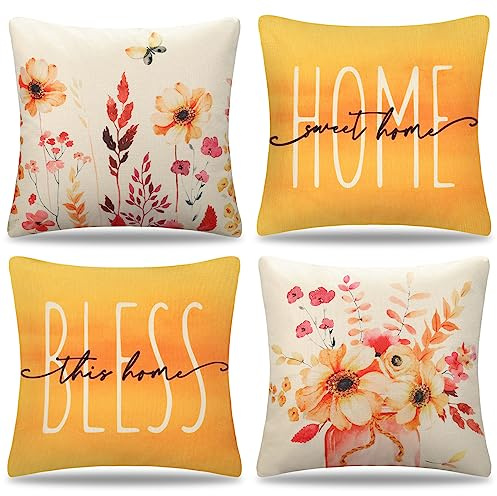 Sofakissenbezug 40x40 kissenbezug Herbst Orange Floral Kissenbezüge Outdoor 4er Set Kissen Sofakissen Dekokissen Kissenhülle Leinen Frühling Sommer für Sofa Couch Schlafzimmer Wohnzimmer Terrasse