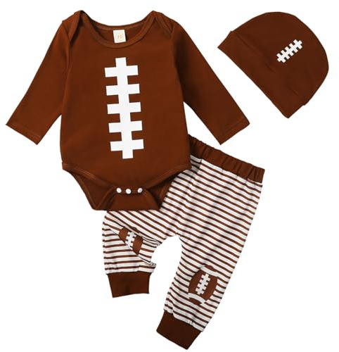 Mubineo Baby Boy Clothes Football Outfits Long Sleeve Romper Pant Set Infant Fall Winter Newborn Outfit (Brown, 6-12 Months)