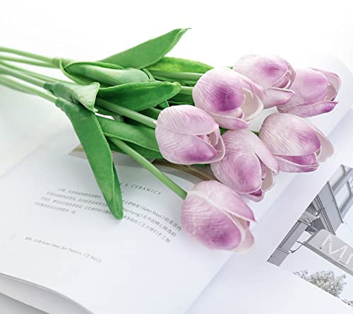 Xcello Künstliche Blumen, Mini-PU-Tulpenstrauß, Künstliche Blumen Für Hochzeit, Zuhause Und Event-Dekoration(32cm-Weißviolett)