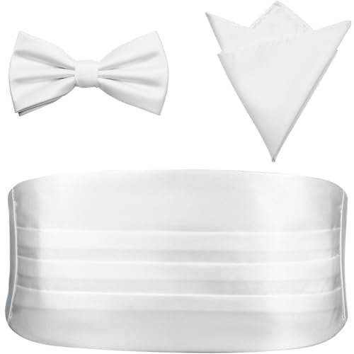 PenSee Mens Formal Solid Pre-tied Bow Tie & Pocket Square & Cummerbund Set Tuxedo Bow Ties for Men White Medium