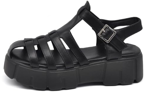 IF Chaussures Sandales à araignée pour femme avec plateforme en cuir synthétique S675, 9009 Noir, 37 EU