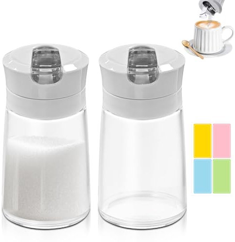 Zuckerspender mit automatischem Klappausguss, 250 ml Zuckerdose Glas mit Seitlichem Ausgießer, Beschwerter Ausgießer, BPA-frei, Gewürzbehälter Salzbehälter für Küche, Kaffee-Bar-Zubehör